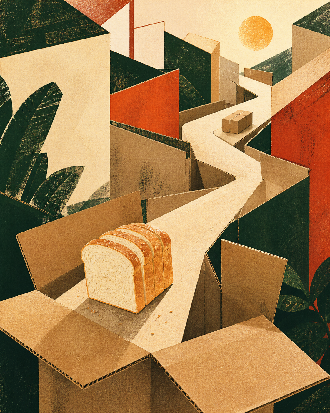 纸箱展开成为一条小巷的品牌概念插画